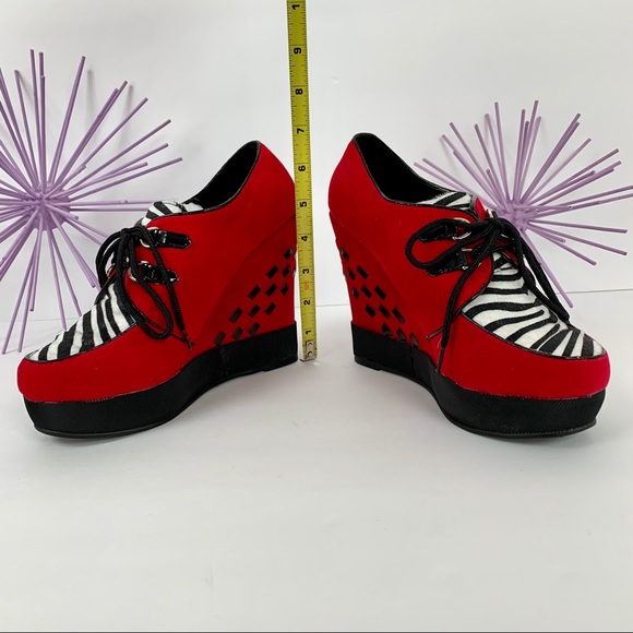 Bettie Page Shoes - Bettie Page /Red Platform Wedges Black White Zebra